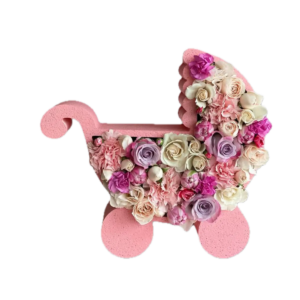 Cutie din polistiren pentru flori sau bomboane forma carucior copii pentru cadou botez fete si baieti